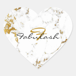 Monogram White marble Gold Glitter Name Heart Hart Sticker