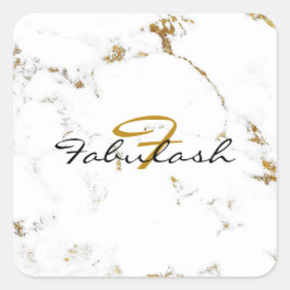 Monogram White marble Gold Glitter Name Square Vierkante Sticker