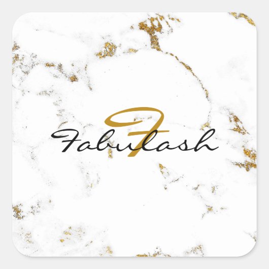 Monogram White marble Gold Glitter Name Square Vierkante Sticker (Voorkant)