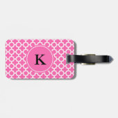 Monogram White op Hot Pink Quatrefoil Patroon Bagagelabel (Achterkant horizontaal)