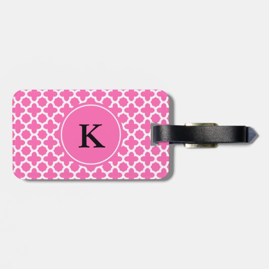 Monogram White op Hot Pink Quatrefoil Patroon Bagagelabel (Achterkant horizontaal)