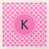Monogram White op Hot Pink Quatrefoil Patroon Glazen Onderzetter (Voorkant)