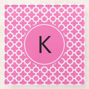 Monogram White op Hot Pink Quatrefoil Patroon Glazen Onderzetter