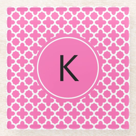 Monogram White op Hot Pink Quatrefoil Patroon Glazen Onderzetter (Voorkant)