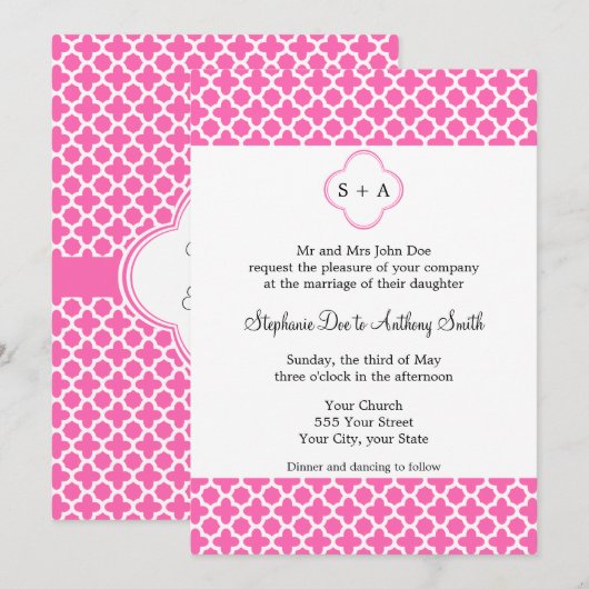 Monogram White op Hot Pink Quatrefoil Patroon Kaart (Voorkant / Achterkant)