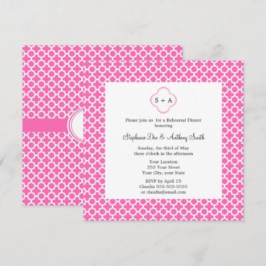 Monogram White op Hot Pink Quatrefoil Patroon Kaart (Voorkant / Achterkant)