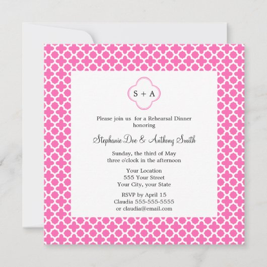 Monogram White op Hot Pink Quatrefoil Patroon Kaart (Voorkant)