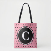 Monogram White Pink Black Polka Dots Tote Bag (Voorkant)