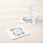 Monogram White Roses Greenery Eucalyptus Wedding Kartonnen Onderzetters (Insitu)