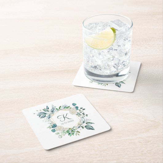 Monogram White Roses Greenery Eucalyptus Wedding Kartonnen Onderzetters (Insitu)