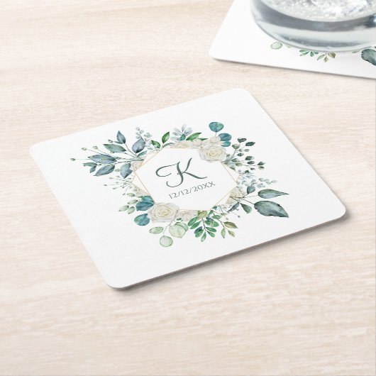 Monogram White Roses Greenery Eucalyptus Wedding Kartonnen Onderzetters (Schuin)