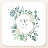Monogram White Roses Greenery Eucalyptus Wedding Kartonnen Onderzetters (Voorkant)