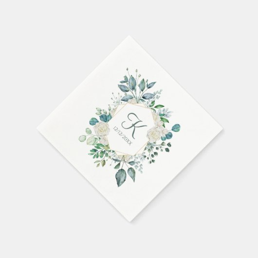 Monogram White Roses Greenery Eucalyptus Wedding Servet (Hoek)
