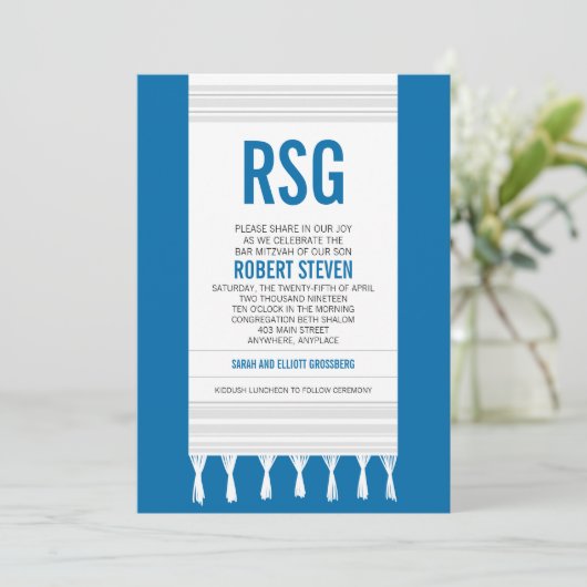 Monogram White Stripe Tallit Bar Mitswa Kaart (Staand voorkant)