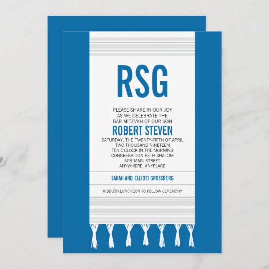 Monogram White Stripe Tallit Bar Mitswa Kaart (Voorkant / Achterkant)