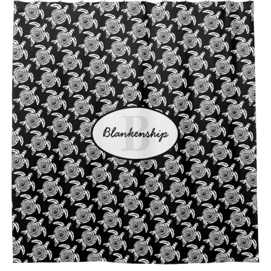 Monogram White Tribal Turtle Pattern Over Black Douchegordijn (Voorkant)