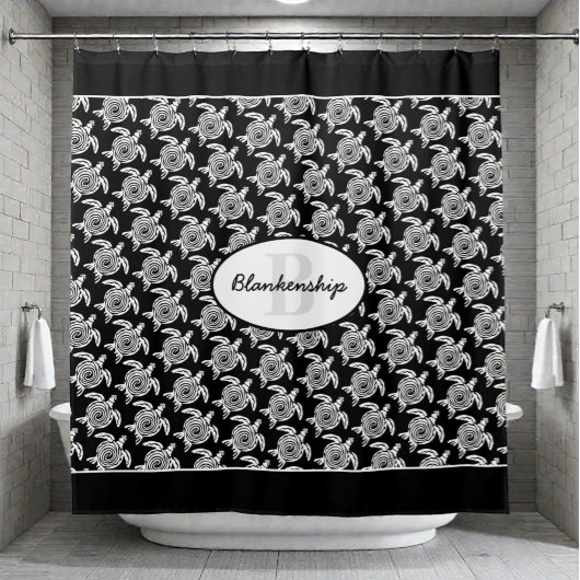 Monogram White Tribal Turtle Pattern Over Black Douchegordijn