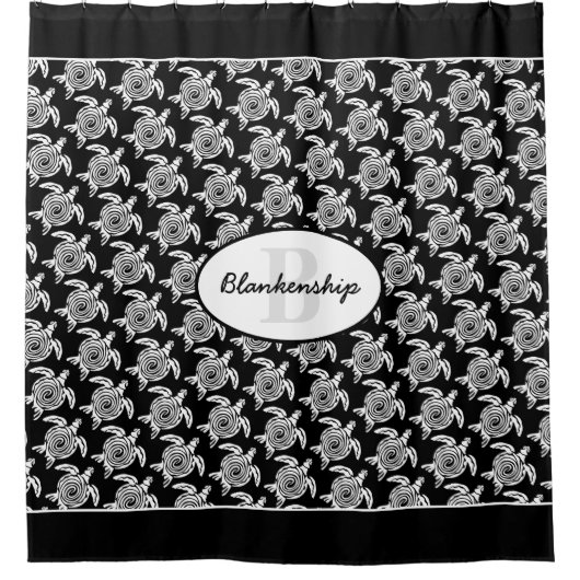 Monogram White Tribal Turtle Pattern Over Black Douchegordijn (Voorkant)