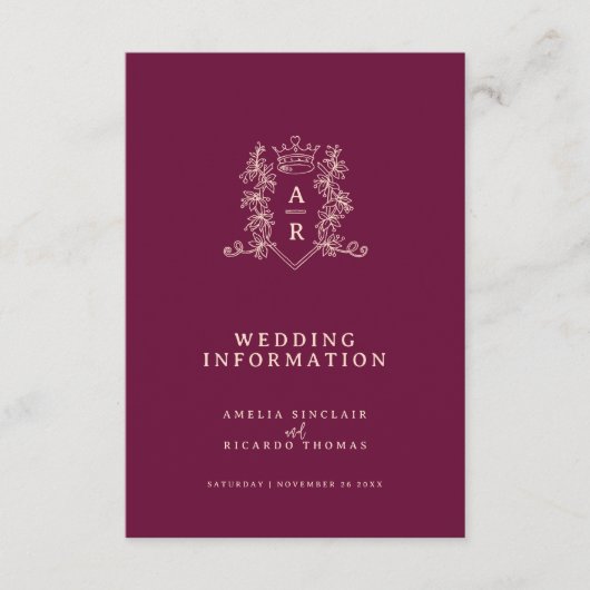 Monogram wijn rode perzik bruiloft gast informatie informatiekaartje (Voorkant)