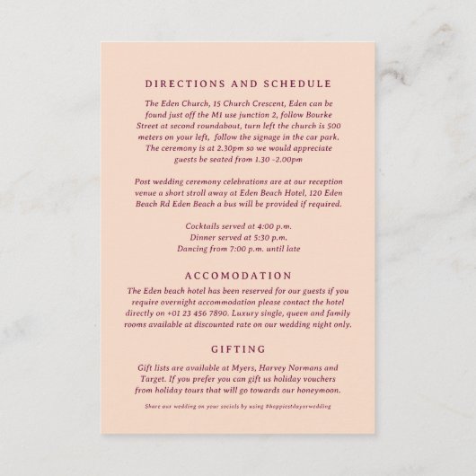 Monogram wijn rode perzik bruiloft gast informatie informatiekaartje (Achterkant)