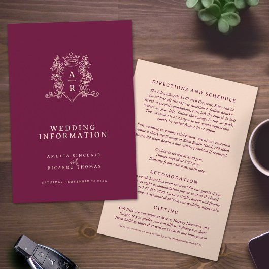 Monogram wijn rode perzik bruiloft gast informatie informatiekaartje