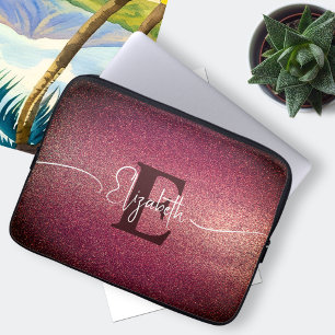 Monogram Wijn Rood Glitter Girly Glam Laptop Sleeve