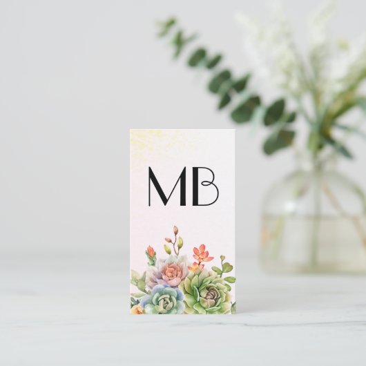 Monogram wijn | Succulente bloemen Visitekaartje (Staand voorkant)