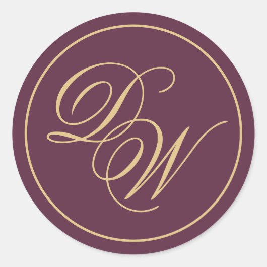 Monogram Wijnkleur 2 Initialen Gouden Calligrafie Ronde Sticker (Voorkant)