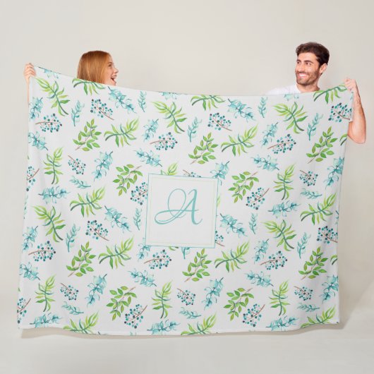 Monogram Wildbloemen Blue Green Wedding Decor Fleece Deken (In situ)