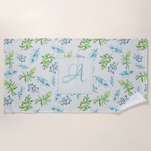 Monogram Wildbloemen Blue Green Wedding Decor Strandlaken (Voorkant)