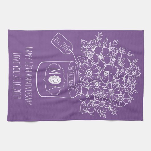 Monogram Wildbloemen Bouquet Hand-Drawn Mason Jar Theedoek (Horizontaal)