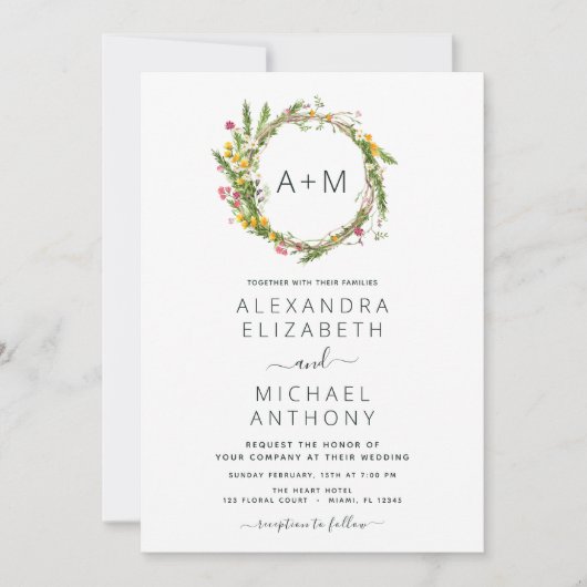 Monogram Wildbloemen Emerald Green Wedding Invitat Kaart (Voorkant)