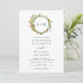 Monogram Wildbloemen Emerald Green Wedding Invitat Kaart (Staand voorkant)