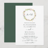 Monogram Wildbloemen Emerald Green Wedding Kaart (Voorkant / Achterkant)
