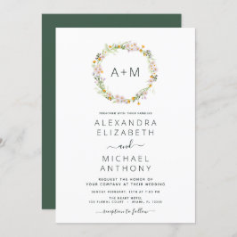 Monogram Wildbloemen Emerald Green Wedding Kaart