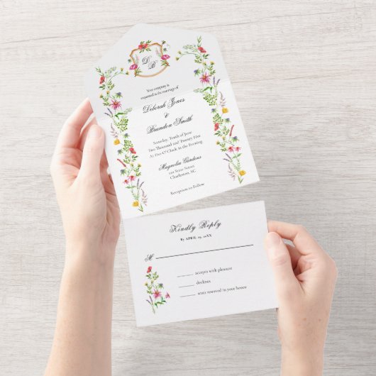 Monogram Wildbloemen Tuinbouw Waterverf All In One Uitnodiging (Afscheurbaar)