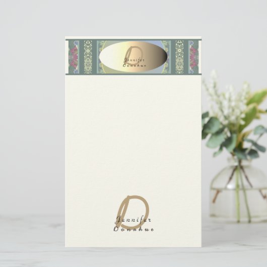 Monogram Wilde Bloem Metaalachtig Etiket Briefpapier (Staand voorkant)