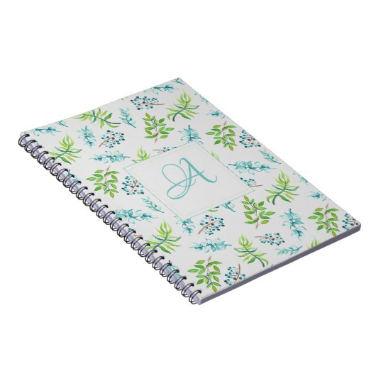 Monogram Wilde Bloemen Blauw Groen Huwelijksdecora Notitieboek (Rechterzijde)