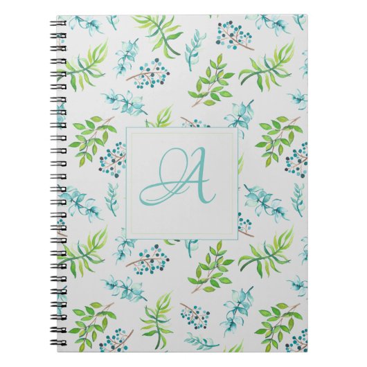 Monogram Wilde Bloemen Blauw Groen Huwelijksdecora Notitieboek (Voorkant)