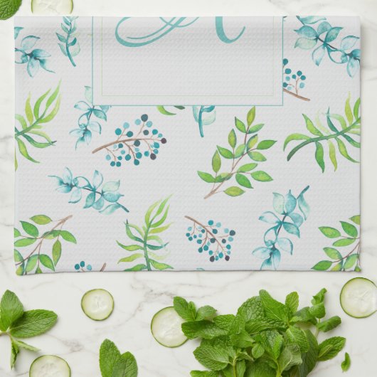 Monogram Wilde Bloemen Blauw Groen Huwelijksdecora Theedoek (Gevouwen)