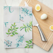 Monogram Wilde Bloemen Blauw Groen Huwelijksdecora Theedoek (Quarter Fold)