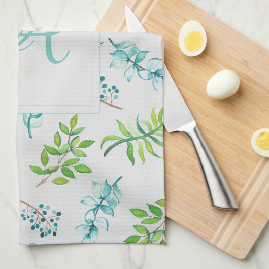 Monogram Wilde Bloemen Blauw Groen Huwelijksdecora Theedoek (Quarter Fold)