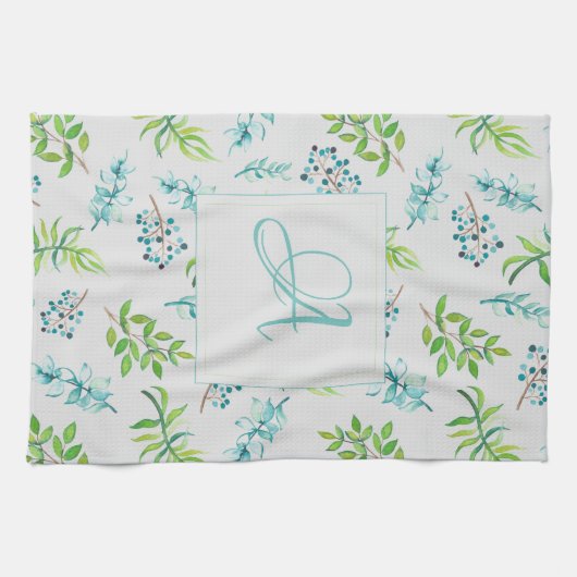 Monogram Wilde Bloemen Blauw Groen Huwelijksdecora Theedoek (Horizontaal)