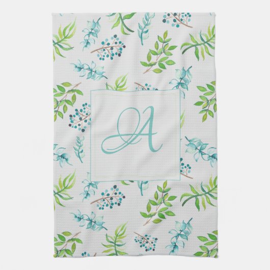 Monogram Wilde Bloemen Blauw Groen Huwelijksdecora Theedoek (Verticaal)