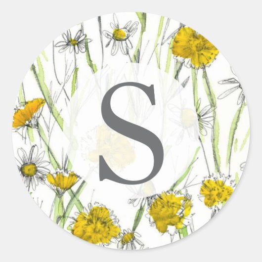 Monogram Wilde Bloemen Geel Aquarel Ronde Sticker (Voorkant)