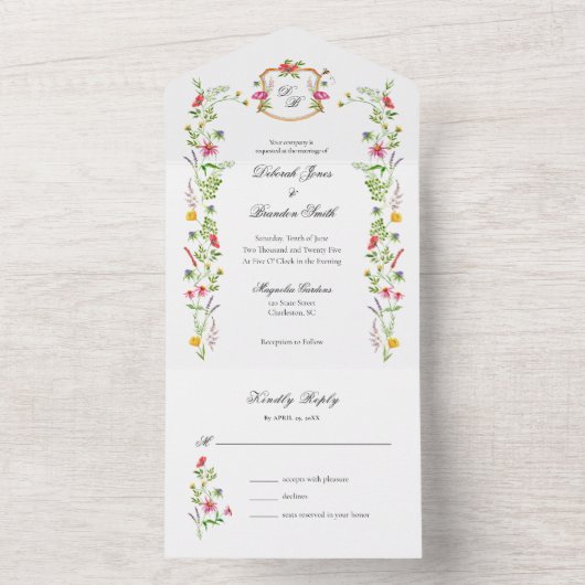 Monogram Wilde Bloemen Tuin Aquarel All In One Uitnodiging (Binnen)