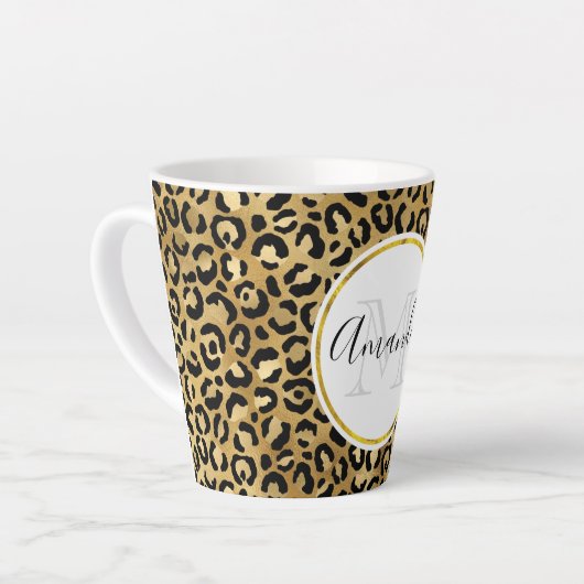 Monogram Wilde & Exotic Leopard Print Pattern Latte Mok (Linkerhoek)