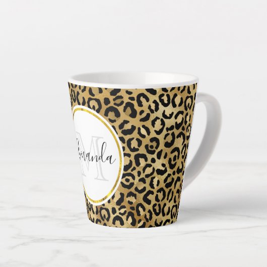 Monogram Wilde & Exotic Leopard Print Pattern Latte Mok (Rechterhoek)