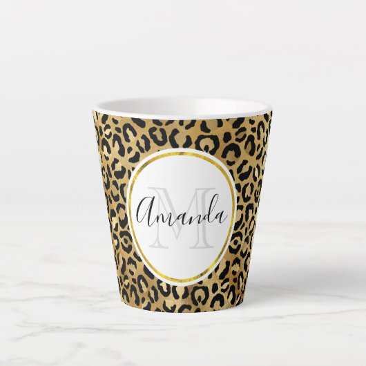 Monogram Wilde & Exotic Leopard Print Pattern Latte Mok (Voorkant)