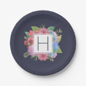 Monogram Wildflower Bouquet Navy Papieren Bordje (Voorkant)